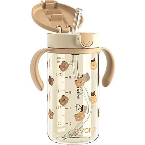 Evorie Tritan Spill Proof Toddler Straw Sippy Cup, 10 oz for Baby and Toddlers 1-3 Years Old, No Spill Straw Water Bottle with Removable Handles, Ideal for School, BPA-Free, Honey Bear