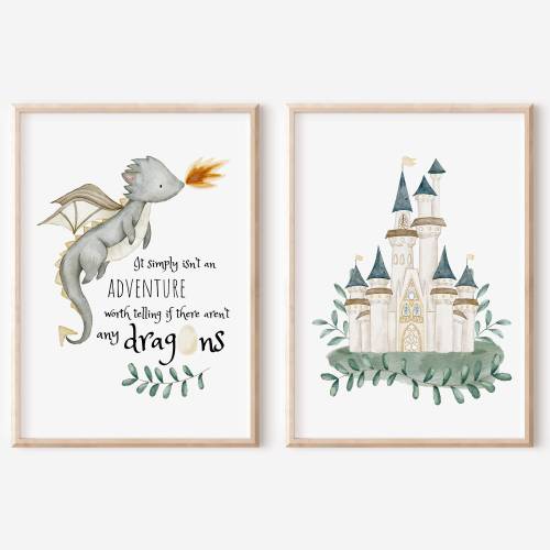 Adventure Dragon Painting with Fairy Tale Castle Set of 2 Prints. Emerald Green Castle Nursery Wall Art. Cozy Neutral Grey Dragon Decor.