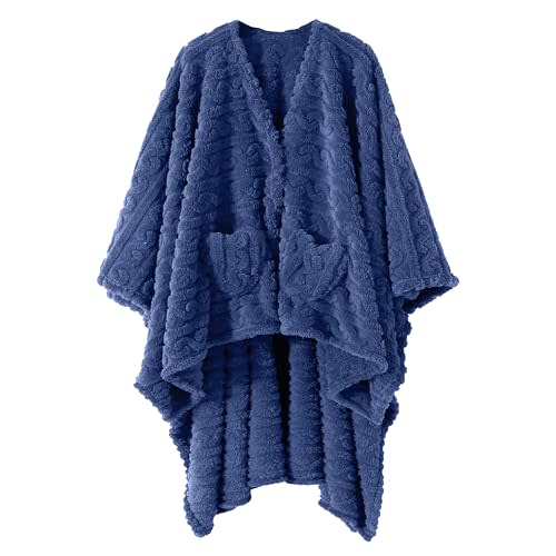 Wearable Blanket Poncho Cape Wrap for Adult, Cozy Sherpa Fleece Pocketed Shawl TV Throw Blankets for Office and Lounge(Dust Blue,58'' x 64'')