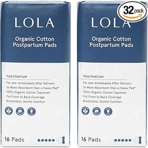 LOLA Organic Cotton Postpartum Pads - Max Absorbency Pads for Postpartum Bleeding - Extra-Long Overnight Liners for Women - Hospital Bag Essentials - 32 Count, Unscented
