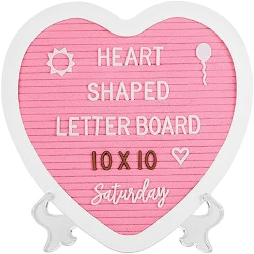 Heart-Shaped Felt Letter Board Message Sign,10x10 inches Message Board with 465 Changeable White&Golden Letters,Numbers,Cursive Words and Stand for Party,Pregnancy,Wall&Tabletop Decor (Pink)