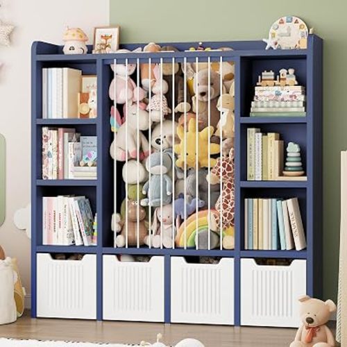 ONBRILL 3-in-1 Toy & Stuffed Animal Storage, 4 Movable Toy Chest, Blue