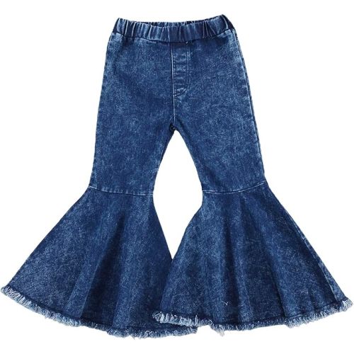 GOOCHEER Kids Toddler Little Baby Girl Ruffle Ripped Jeans Bell Bottom Flare Pants Ripped Denim Leggings Trousers - Denim Blue