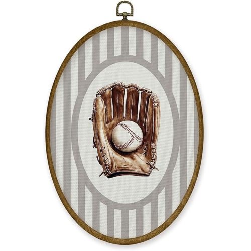 JMENGSSFL Baseball Boy Nursery Oval Wall Art Decor, Kids Canvas Prints, Vintage Baseball Glove Hoop Neutral Striped Sport Framed Wall Art for Kids Boy Toddler Room Playroom Decor, 8.6x11.4 Inch