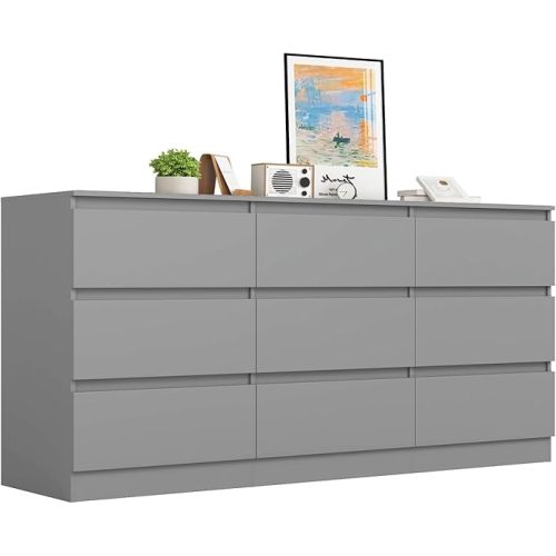 Grey 9 Drawer Dresser for Bedroom,Modern Long Dresser with Deep Drawers,Wide Storage Chest of Drawer,Wood Bedroom Storage Organizer Drawers forBedroom