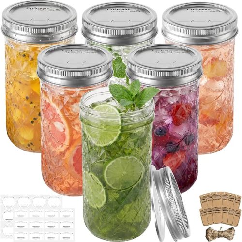 CycleMore Mason Jars 4 oz, 24 Pack Diamond Mini Glass Jars with Printed Silver Split Lids, Small Canning Jars for Caviar, Jam, Honey, Jelly, Party Favors and Gifts
