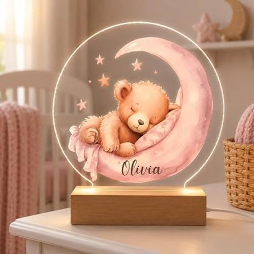 Personalized Teddy Bear Pink Moon & Stars Night Light for Girls, Custom Name Nursery Lamp, Clear Acrylic with Wood Base, Soft White LED, Kids Bedroom Decor, Made in USA