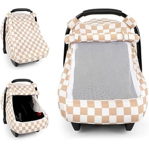 DILIMI Car Seat Covers for Babies, Muslin Cotton Baby Car Seat Cover with Breathable Mesh Window, Summer Infant Car Seat Canopy for Boys Girls Newborn, Brown Checkered