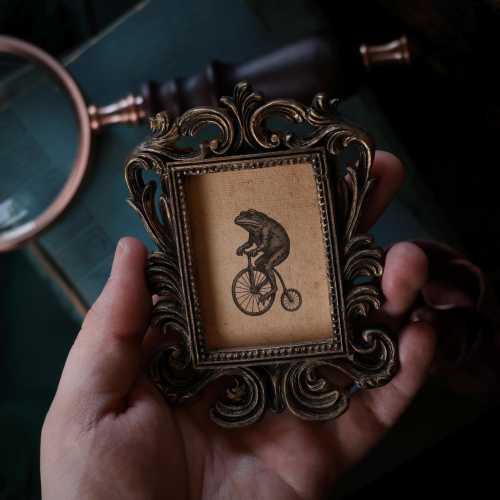 Baroque Frog on Bicycle Mini Portrait in Vintage Style Frame – Gothic Cottagecore Decor, Dark Academia Artwork, Victorian Inspired Oddity