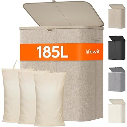 Lifewit 185L Large 3 Section Laundry Hamper with Lid, Plastic Laundry Basket with Bamboo Handles and Removable Bags, Tall Foldable Clothes Hamper for Bathroom Bedroom, Beige