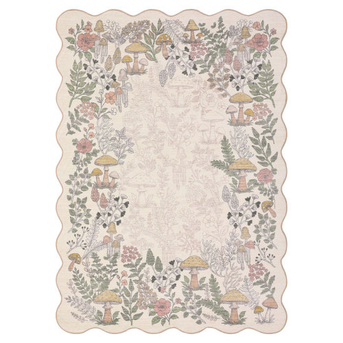Ebern Designs Mushroom Scalloped Floral Washable Non-Slip Area Rug Low Pile Soft Thin Botanical Carpet for Living Room Bedroom Dining Room Playroom | Wayfair