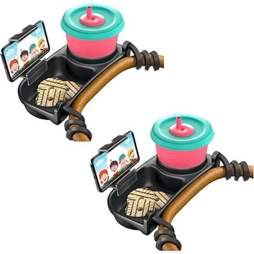 Universal Stroller Snack Tray | Stroller Cup Holder | Silicone Flexible Arms Grip Stroller Bumper Bar Stays in Place Stroller Tray Attachment (2-Pack Snack Tray with Phone Holder Black)