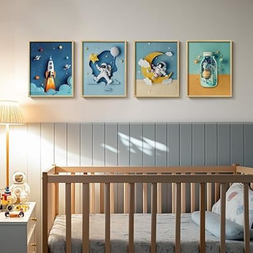 Framed Space Nursery Canvas Wall Art Prints for Baby Boy Room, Set of 4 Outer Space Themed Bedroom Decor, Astronaut Rocket Decorations for Toddler Kids Playroom Bathroom Gifts, 8x10 Inch
