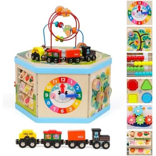 Wooden Activity Cube 9-in-1 Montessori Toys for 1+ Year Old Boys Girls Educational Learning Toys for Toddlers Age 1-2 One Year Old First Birthday Gift Bead Maze Magnetic Trains Track Shape Sorter