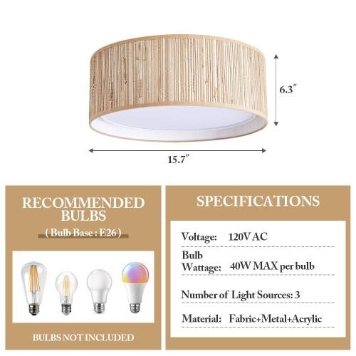 MLiAN 15.7" 3-Light Indoor Fabric Flush Mount Ceiling Light