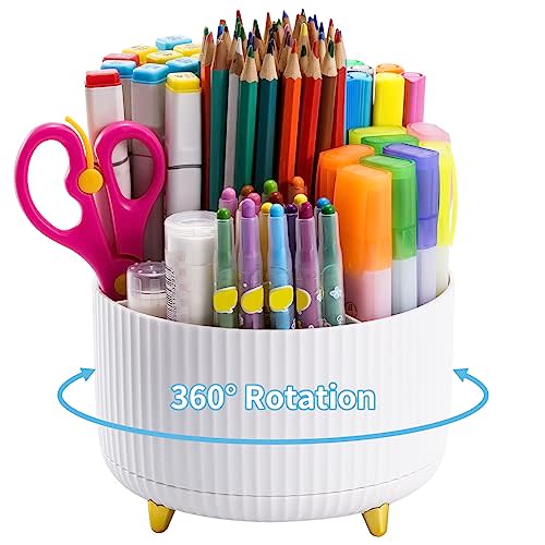 Marbrasse Desk Organizer, 360-Degree Rotating Pen Holder, Desk Organizers and Accessories with 5 Compartments Pencil Holder, Art Supply Storage Box Caddy for Office, HomeWhite
