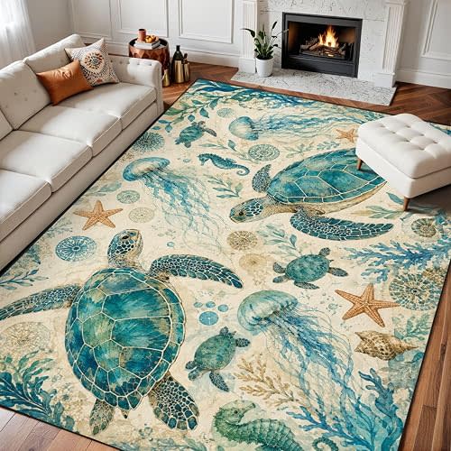 9x12 Area Rugs for Bedroom Boho Washable Rug for Living Room Sea Turtle Ocean Mosaic Jellyfish Seahorse Coral Turquoise Carpet for Nursery Soft Rubber Backed Non-Slip Carpets for Kid's Room