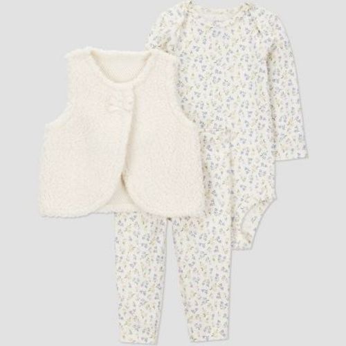 Carter's Just One You® Baby Girls' 3pc Floral Faux Shearling Vest with Bodysuit and Leggings Set - Cream 3M