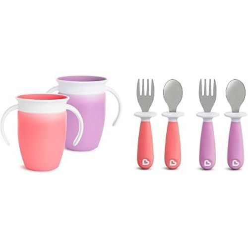 Munchkin Miracle 360 Cup 2 Pack, 7 Ounce and Raise Toddler Fork Spoon Set, 4 Pack