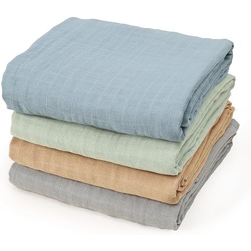 david's kids 4 Pack Baby Muslin Swaddle Blankets 47" x 47", 100% Cotton Swaddle Wrap for Boys Girls, Ultra Soft Breathable Receiving Blanket for Newborns, Dusty Blue & Sage Green & Grey & Sepia