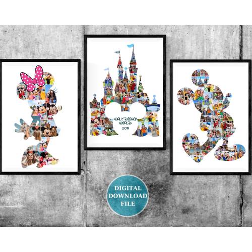 Mickey Minnie Disney Castle Magical Memories Trio: Customizable Collage Set Featuring Iconic Characters and Castles