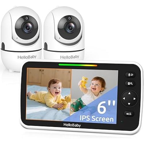 HelloBaby Baby Monitor 2 Cameras, 6'' World First IPS Split-Screen 30H Battery, No WiFi 2-Way Audio, Video, VOX, Double Cameras Pan-Tilt-Zoom, Night Vision, 8 Lullabies, 1000ft for Twins