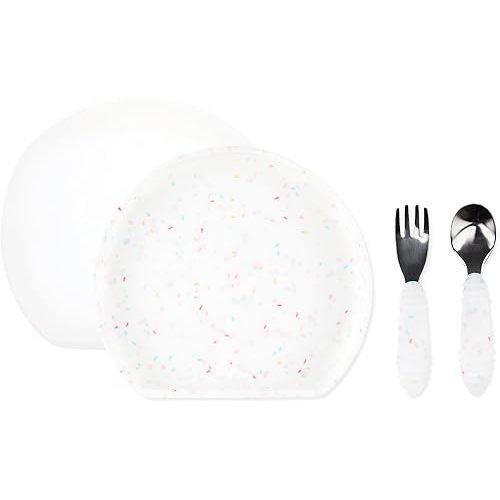 Bumkins - Silicone Grip Plate, Fork & Spoon & Lid - For Ages 18 Months+ - Suction Base - 100% Food-Safe Silicone - Oven, Microwave, Freezer, & Dishwasher Safe - Vanilla Sprinkle