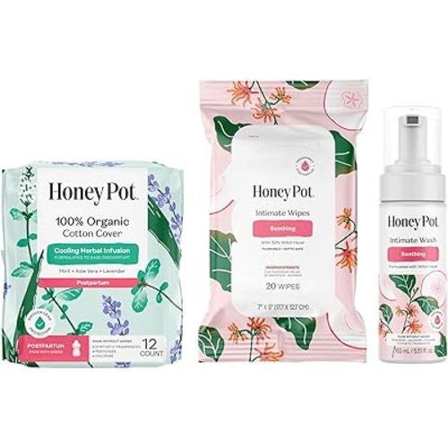 The Honey Pot Company - Postpartum Pads, Wash, & Wipe Bundle - Postpartum Essentials - 12ct Pads, Witch Hazel Feminine Wash, 20ct Witch Hazel Feminine & Hemorrhoid Wipes