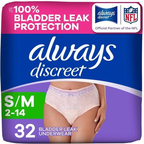 Always Discreet Adult Diapers for Women, Incontinence Underwear, Postpartum Essentials, Disposable Briefs, Max Absorbency, Bladder Leak Protection, Small/Medium, 32ct