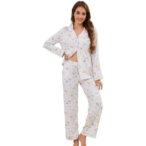 LYCY Womens Pajama Sets Floral Print, Long Sleeve Button Down Pajamas Set for Women Soft Sleepwear Pjs 2 piece Loungewear
