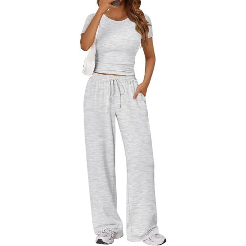 2 Piece Matching Summer Lounge Set Womens Side Ruching Top Wide Leg Pants Sets with Pockets
