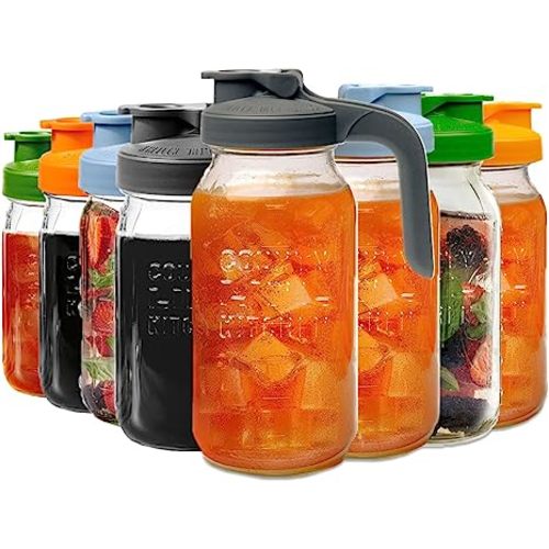 County Line Kitchen Glass Mason Jar Pitcher with Lid - Wide Mouth, 2 Quart (64 oz / 1.9 Liter) - Heavy Duty, Leak Proof - Sun & Iced Tea, Cold Brew Coffee, Breast Milk Storage, Flavored Water & More - Gray