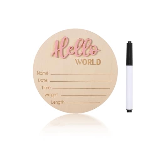 Baby Announcement Sign, 5.9 Inch Wooden Hello World Newborn Welcome Sign, Birth Announcement Sign for Hospital, Newborn Name Sign Plaques for Photo Props Baby Shower Nursery(Pink,Pen)