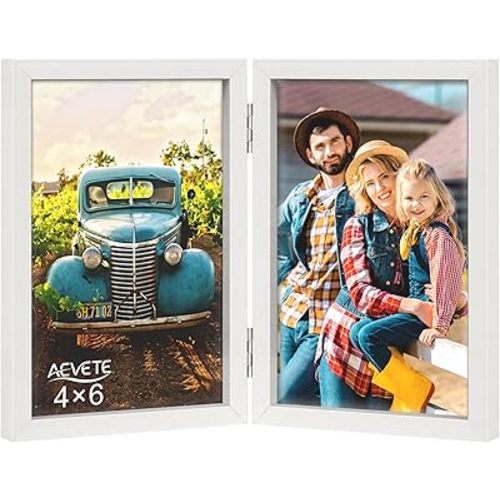 AEVETE 4x6 Picture Frames Double Hinged Wood Folding Photo Frames Vertical with Plexiglass Front, White
