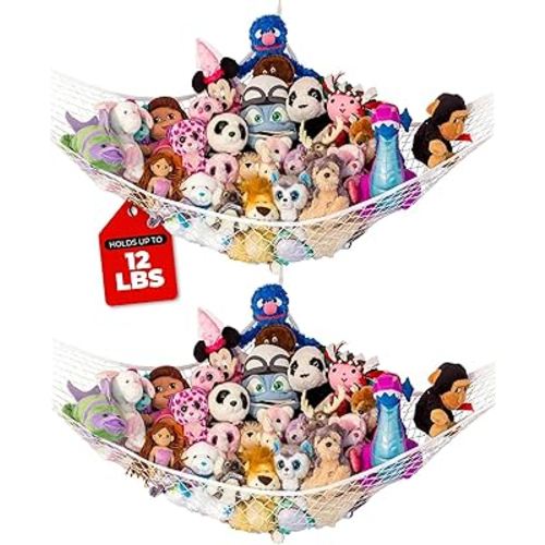 Lilly's Love Stuffed Animal Hammock | Corner Hanging Organizer, Toy Storage, Stuffed Animal Storage Net | Made from Quality Fishing Net, Holds 12lbs | 67"x47"x47" (White, 2 Pack)