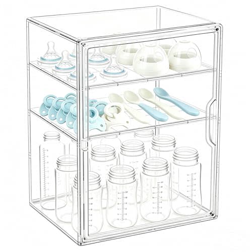 Baby Bottle Storage Organizer for Countertop, Clear Feeding Bottles Station | 3 Tiers Acrylic Baby Bottles Holder Container with Adjustable Dividers & Magnetic Door for Kitchen Cabinet, New Mom Gifts