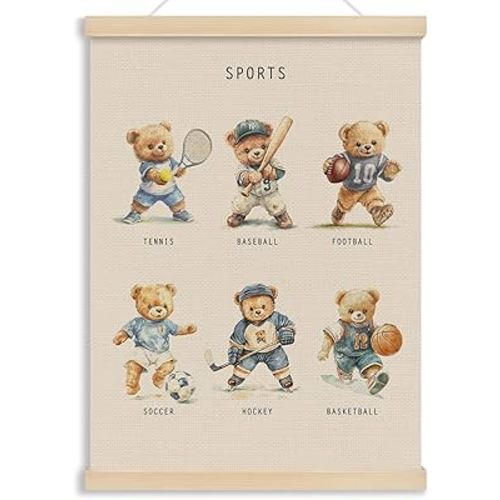 MOTERMATE Bear Sports Poster Hanger Frame, Bear Nursery Wall Hanging Decor Art Framed for Toddlers Kids Boys Room Nursery Playroom, Sports Kids Wall Poster Prints, 12x16 Inch