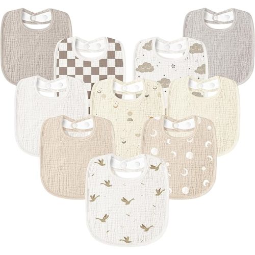 Susurration Muslin Baby Drool Bibs 10Pack Soft Square Adjustable Bandana Bibs for Unisex Baby Girls & Boys