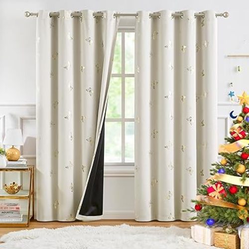 Jubilantex Butterfly Blackout Curtains 95" Long for Kids Bedroom, Beige and Gold Print Floral Butterfly Curtains with Black Layer Room Darkening Grommet Window Drapes for Bedroom Girls Room,52x95