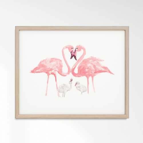 Pink Flamingo Family of Four (Two Big and Two Small) Animal Watercolor Art Print for Tropical Nursery