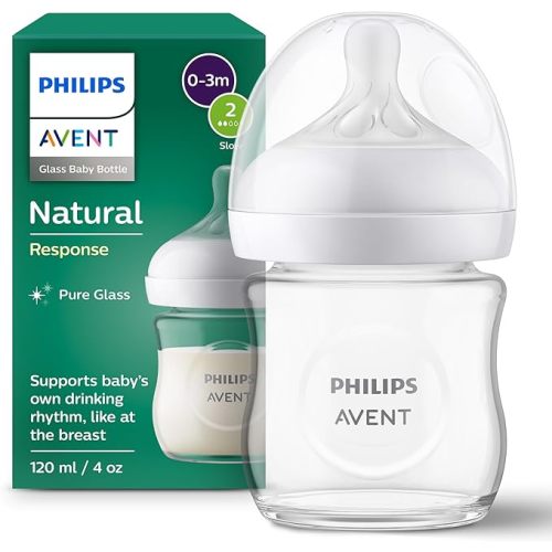 Philips Avent Natural Response Glass Baby Bottle 4oz/120 ml with Slow Flow Teat (Flow 2), SCY930/01