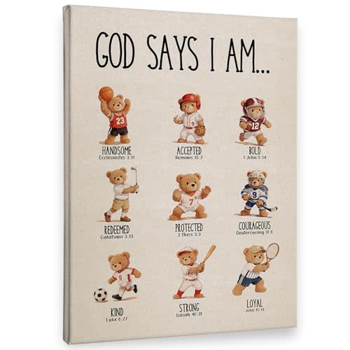PHAMTE Spots Bear Nursery Christian Wall Art Decor Canvas 11x14, God Says I Am Pictures Decorations, Bible Verse Framed Prints Artwork for Kids Toddler Boy Nursery Room Bedroom Playroom Decor