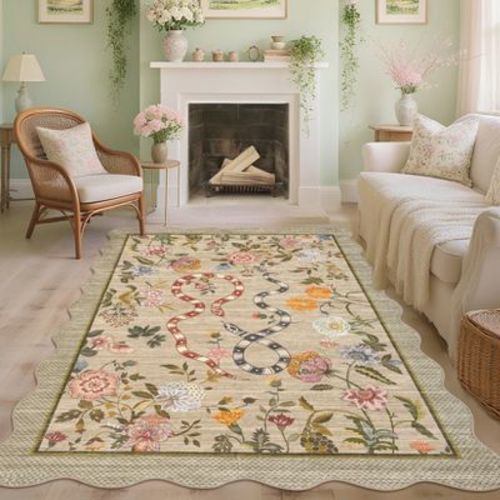 Washable Scalloped Area Rugs Floral Printed Dining Room Carpet Non Slip Low Pile Accent Rug Farmhouse Snake Indoor Floor Cover for Living Room