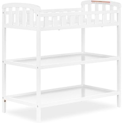 Dream On Me Emily Changing Table, Compact and Portable, Solid New Zealand Pinewood, Safety Rails, Two Storage Shelves, Includes Water-Resistant 1" Changing Pad — White