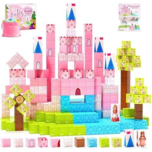Hiwawind Large Magnetic Blocks 64Pcs (1-Inch), Princess Castle Building Toys, Birthday Gifts for 3 4 5 Year Old Girls, STEM Toddler Travel Toys for Age 3-8