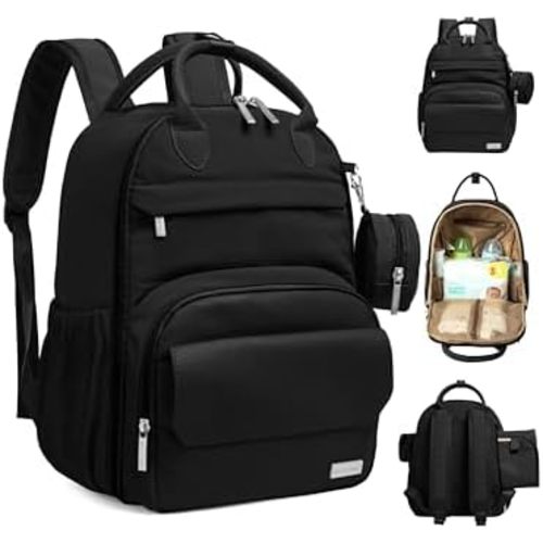 KeaBabies Diaper Bag Backpack - Multifunctional Travel Diaper Back Packs, Maternity Baby Changing Bags, Compact 18L Capacity, PU Leather, Waterproof, Unisex, Nappy Changing Pad (Trendy Black, J)