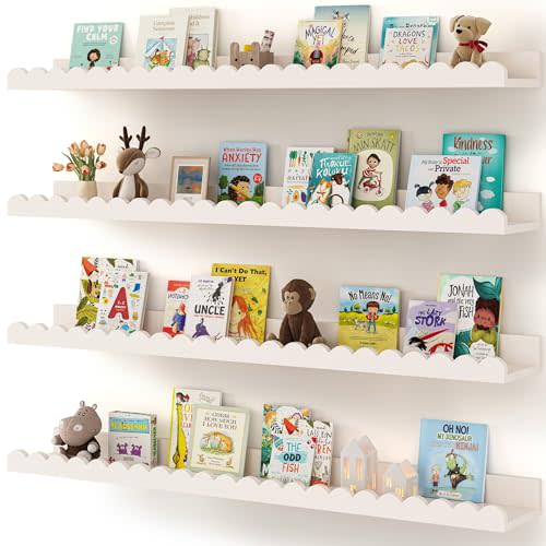 Shario Nursery Book Shelves, 4-Pack White Floating Shelves for Wall Kids, Scalloped Shelves, Wall Book Shelves for Bedroom Kids, Toddler Room, Baby Room, Nursery Decor (White, 36 Inches)