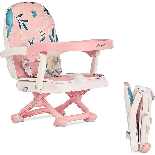 Dream On Me Munch N Go Booster Seat for Babies 6–36 Months, 3-in-1 Feeding, Floor & Table Seat, Adjustable 4 Heights, Lightweight Portable Design, 3-Point Safety Harness, Easy to Fold & Carry- Pink