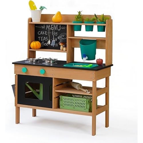Mud Kitchen for Kids Outdoor – Wooden Pretend Play Kitchen Set with Realistic Stove, Sink & Gardening Tools | Montessori Learning Playset Toy for Toddler Ages 3+