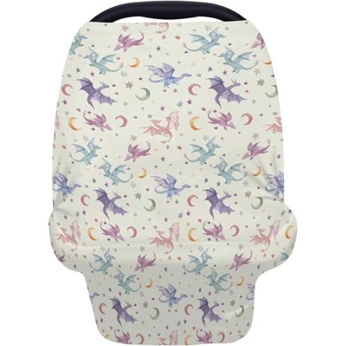 5-in-1 Unisex Dragon Moon Stars Nursery Pattern Baby Carseat Stroller Cover for Boys Girls, Infant Toddler Privacy Nursing Breastfeeding Canopy, Grocery Shopping Cart Cover-24x28